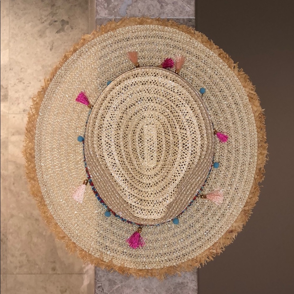 *New*Straw hat with glass seed beads rayon tassels